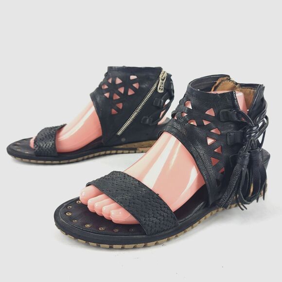 A.S.98 Shoes - A.S. 98 Petrona Womens Black Distressed Tassel Boho Sandal